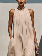 Women’s Beige Linen-Blend Sleeveless Gathered Round Neck Jumpsuit MDZ1113E2T oaklynwear