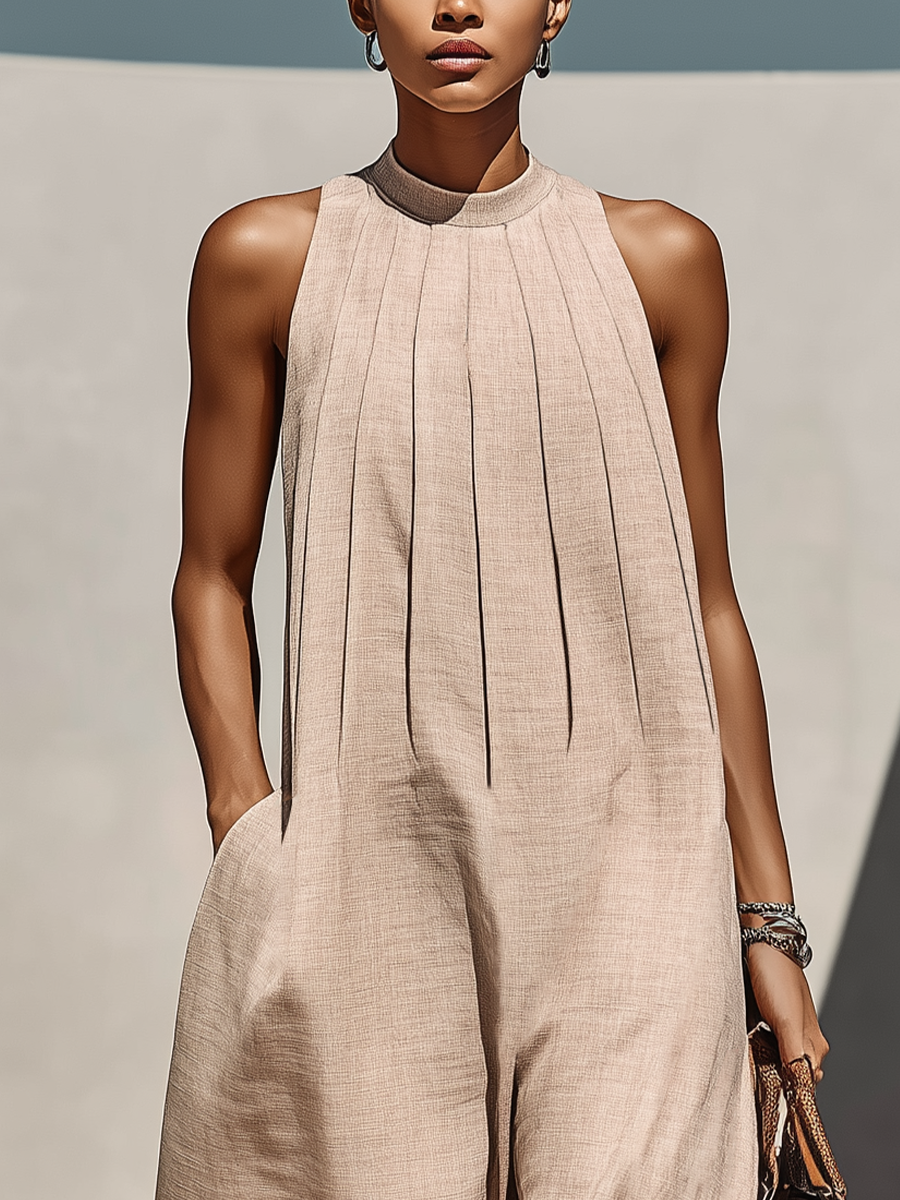Women’s Beige Linen-Blend Sleeveless Gathered Round Neck Jumpsuit MDZ1113E2T oaklynwear