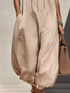Women’s Beige Linen-Blend Sleeveless Gathered Round Neck Jumpsuit MDZ1113E2T oaklynwear