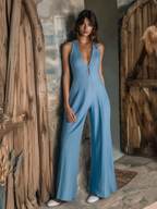 ElevenOra Chic Elegant Blue V-Neck Button Detail Sleeveless Loose-Fit Cotton-Linen Blend Wide-Leg Jumpsuit oaklynwear