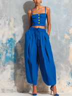 ElevenOra Chic Elegant Klein Blue Cotton-Linen Blend Spaghetti-Strap Square-Neck Sleeveless Button-Front Patch PocketsTank Top Wide-Leg Pants Two-Piece Set oaklynwear