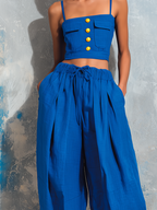 ElevenOra Chic Elegant Klein Blue Cotton-Linen Blend Spaghetti-Strap Square-Neck Sleeveless Button-Front Patch PocketsTank Top Wide-Leg Pants Two-Piece Set oaklynwear