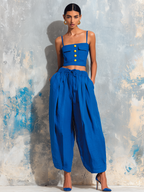 ElevenOra Chic Elegant Klein Blue Cotton-Linen Blend Spaghetti-Strap Square-Neck Sleeveless Button-Front Patch PocketsTank Top Wide-Leg Pants Two-Piece Set oaklynwear