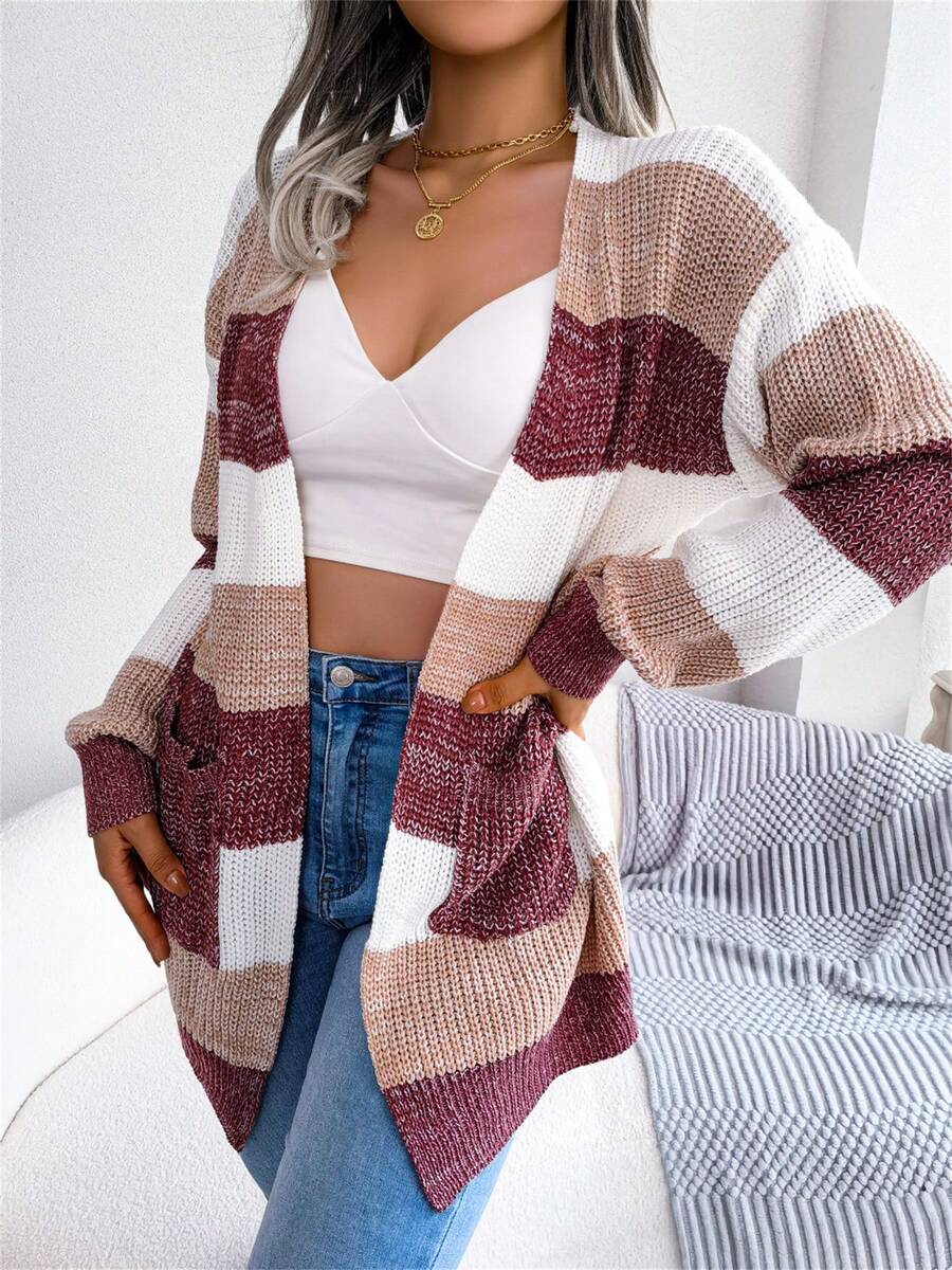 Women's Striped Cardigan Sweater Fall Winter Color Block Long Sleeve Puff Sleeve Open Front Knit Jacket With Pockets oaklynwear
