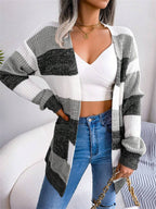 Women's Striped Cardigan Sweater Fall Winter Color Block Long Sleeve Puff Sleeve Open Front Knit Jacket With Pockets oaklynwear