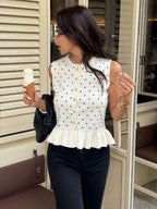 Serisse Women's Polka Dot Pattern Single-Breasted Ruffled Hem Knit Vest oaklynwear