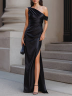 Asymmetric One-Shoulder Draped Maxi Dress With High Slit oaklynwear