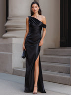 Asymmetric One-Shoulder Draped Maxi Dress With High Slit oaklynwear