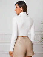 INAWLY Women Casual Solid Color Turtleneck Fitted Short Knit Sweater, Long Sleeve Top Knit Pullover Fall Winter oaklynwear