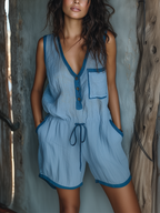 ElevenOra Chic Casual Blue V-Neck Crinkle Cotton Blend Contrast Trim Button-Front Patch Pockets Sleeveless Elastic-Waist Romper oaklynwear