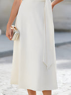 Asymmetrical Off-Shoulder Belted Midi Dress oaklynwear