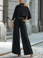 Asymmetric Cut-Out Cape Top With Wide-Leg Tailored Pants Set oaklynwear