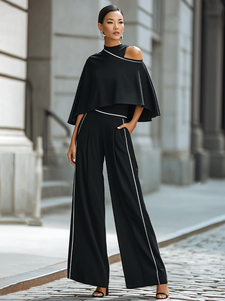 Asymmetric Cut-Out Cape Top With Wide-Leg Tailored Pants Set oaklynwear