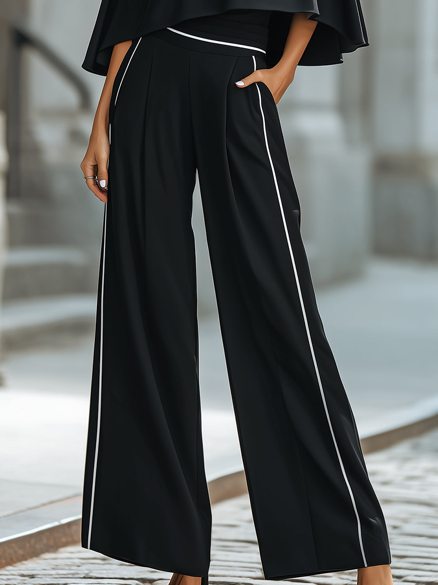 Asymmetric Cut-Out Cape Top With Wide-Leg Tailored Pants Set oaklynwear