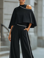 Asymmetric Cut-Out Cape Top With Wide-Leg Tailored Pants Set oaklynwear