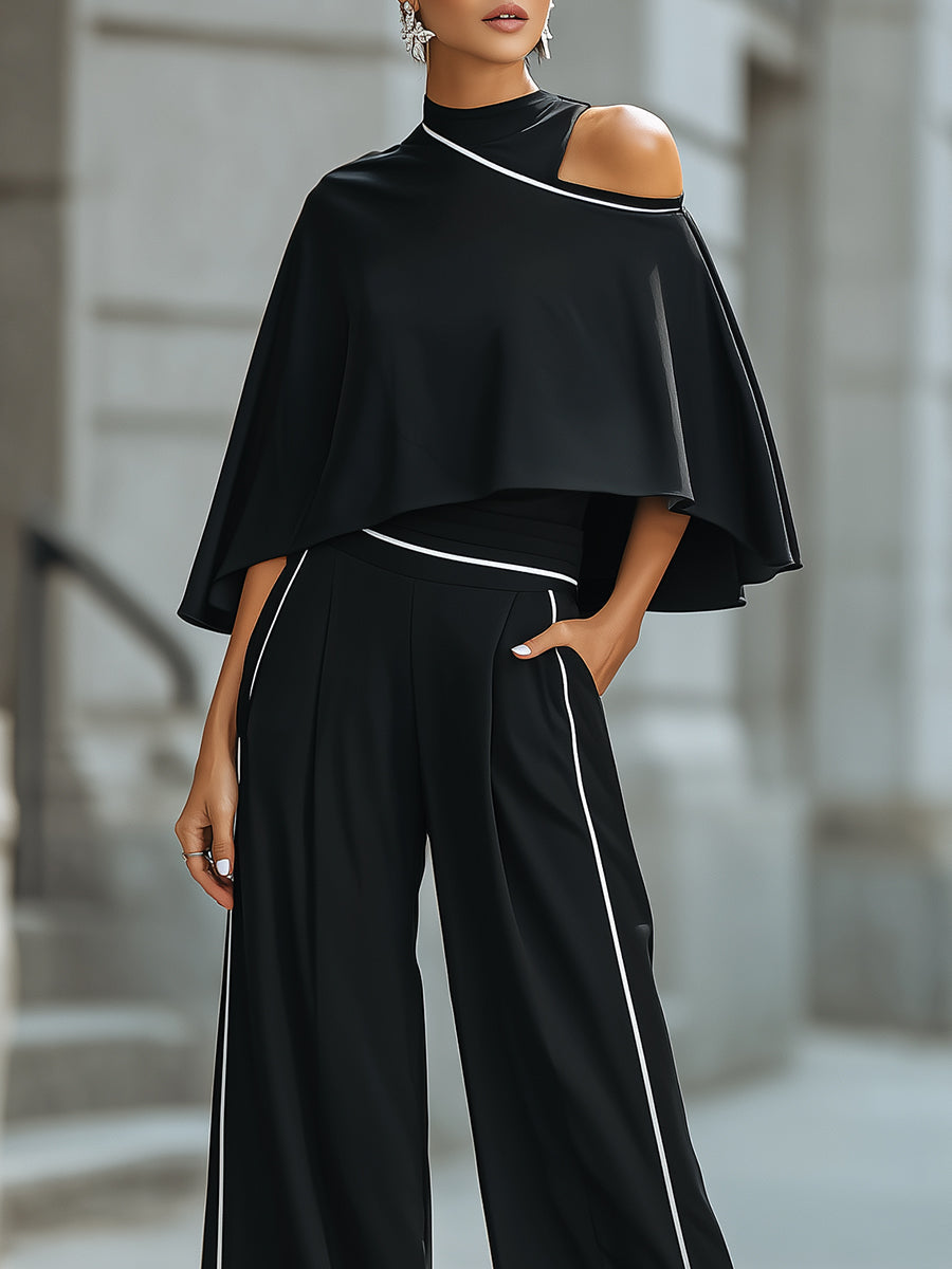 Asymmetric Cut-Out Cape Top With Wide-Leg Tailored Pants Set oaklynwear