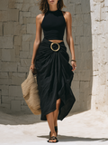 Chic Old Money Sleeveless Knit Top And Pleated Cotton Skirt Set oaklynwear