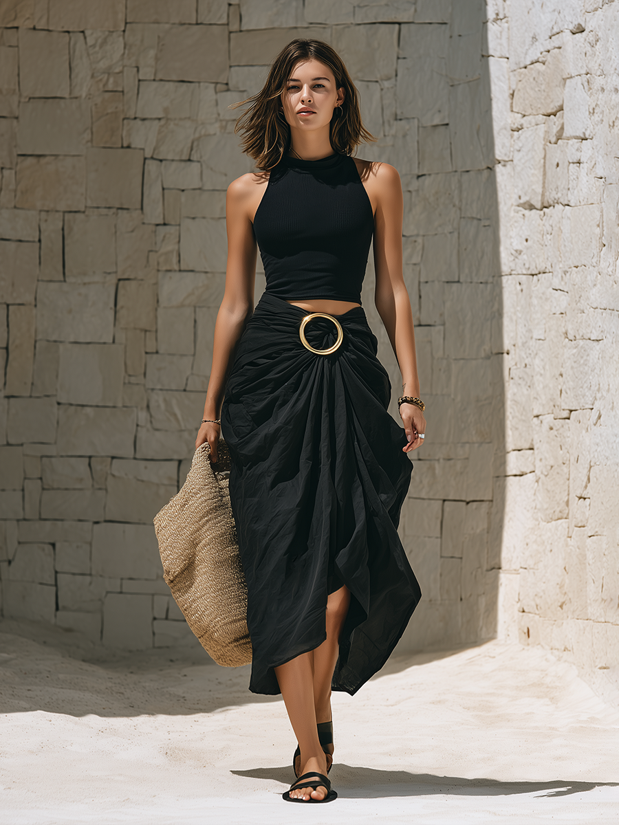 Chic Old Money Sleeveless Knit Top And Pleated Cotton Skirt Set oaklynwear