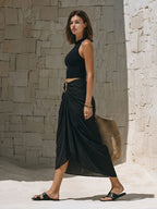 Chic Old Money Sleeveless Knit Top And Pleated Cotton Skirt Set oaklynwear