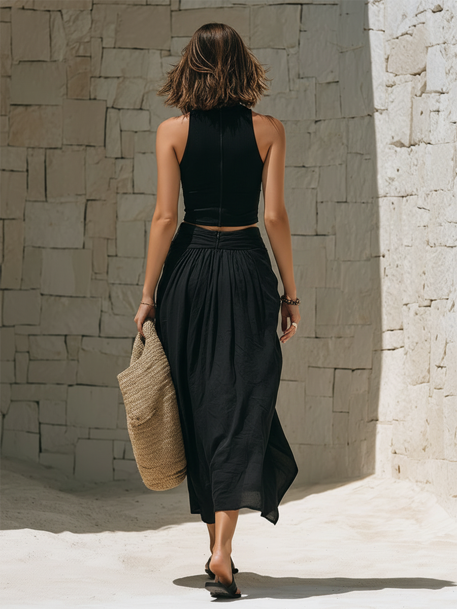 Chic Old Money Sleeveless Knit Top And Pleated Cotton Skirt Set oaklynwear