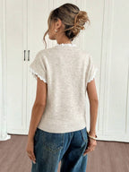 Sarah | Lace Trim Round Neck Knit Top with Ruffle Sleeve, Cozy Everyday Sweater Vest oaklynwear