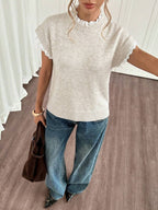 Sarah | Lace Trim Round Neck Knit Top with Ruffle Sleeve, Cozy Everyday Sweater Vest oaklynwear