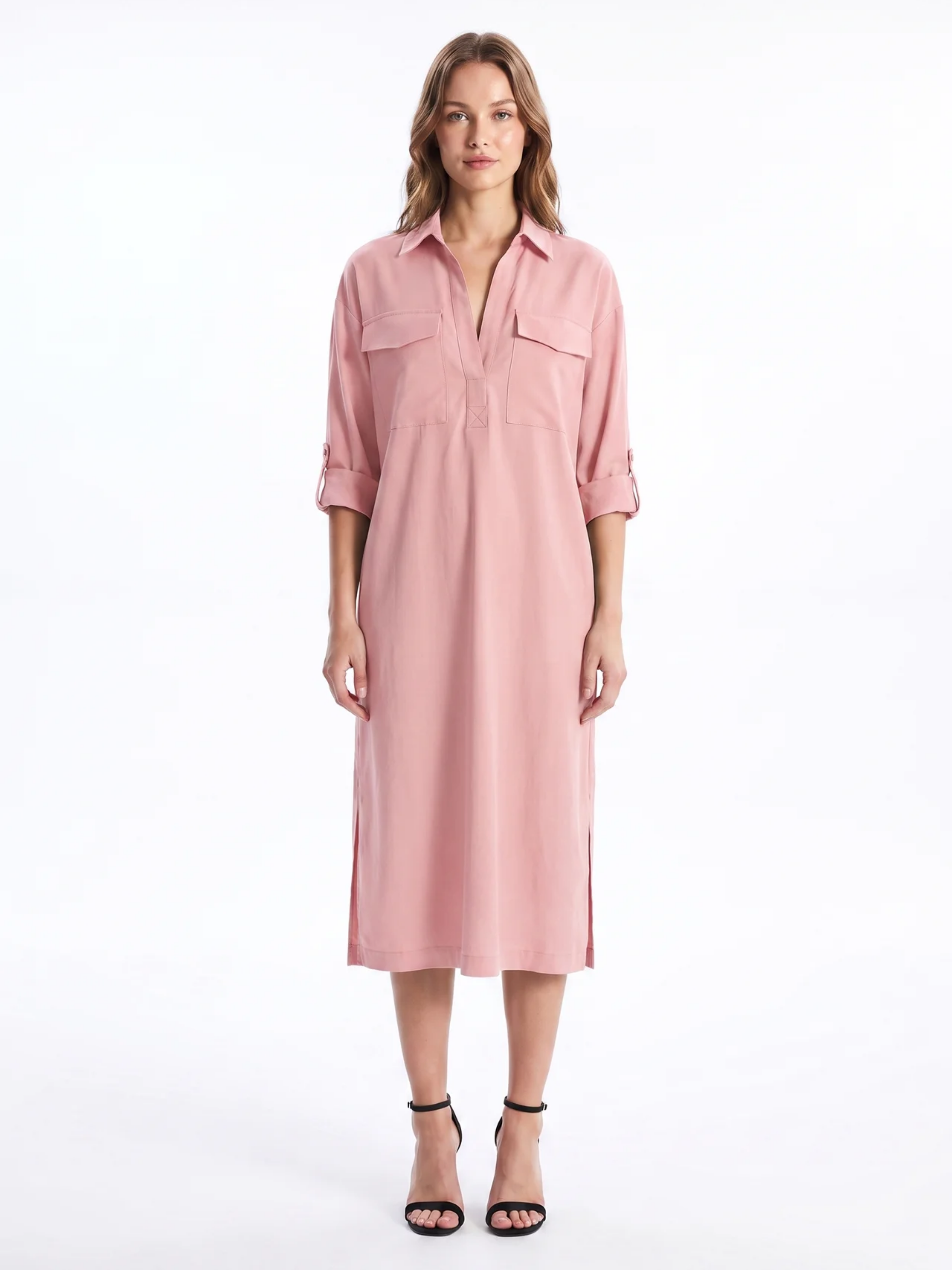 Frances | Black Linen Shirt Collar Midi Dress oaklynwear