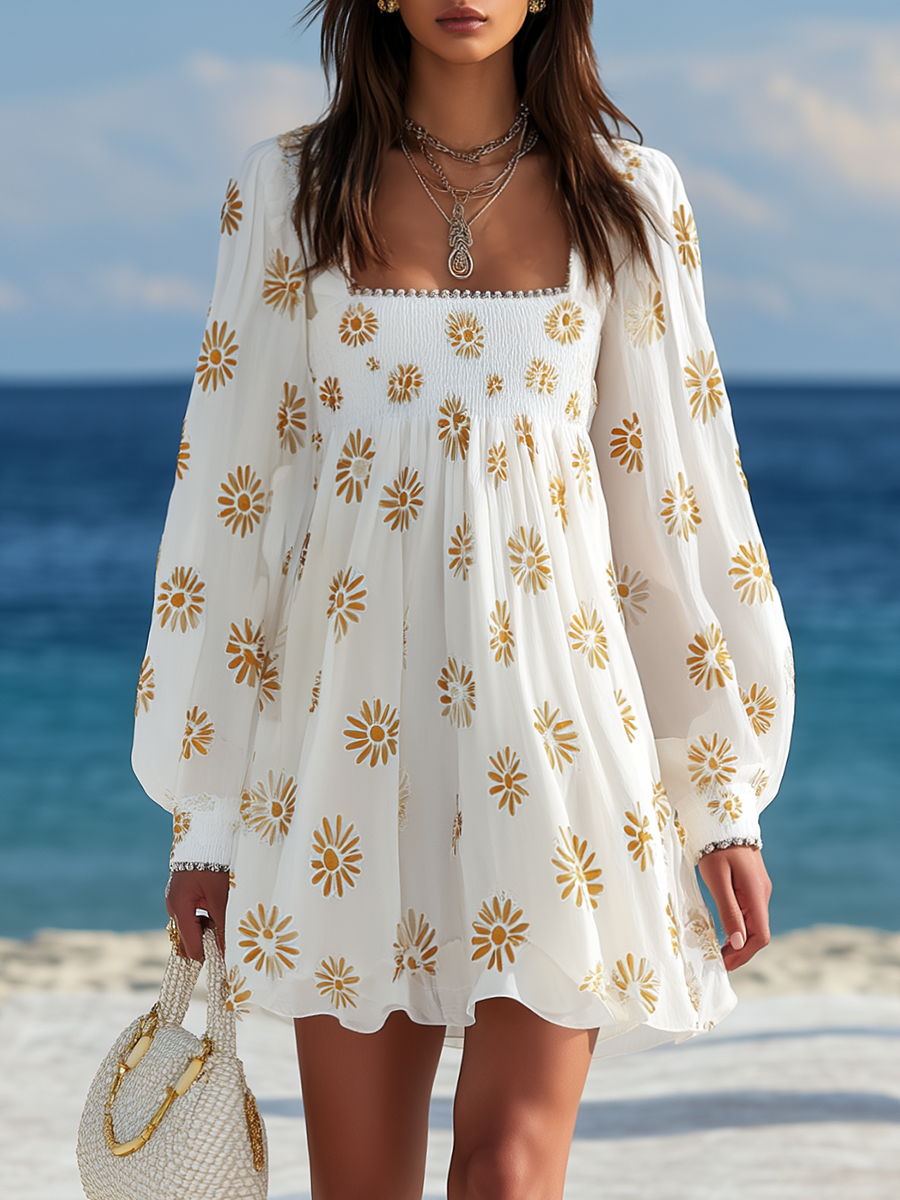 Resort-style Square Neck Lantern Sleeve Printed Mini Dress oaklynwear