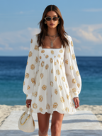 Resort-style Square Neck Lantern Sleeve Printed Mini Dress oaklynwear