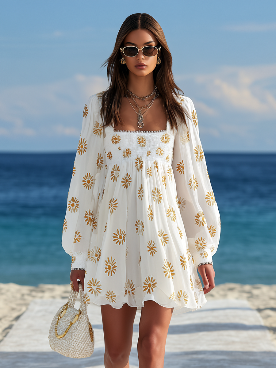 Resort-style Square Neck Lantern Sleeve Printed Mini Dress oaklynwear