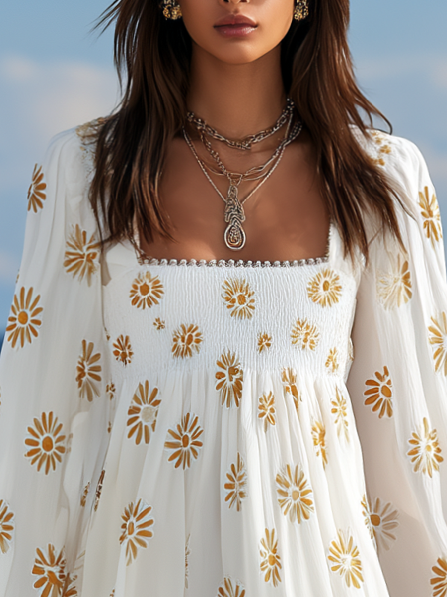 Resort-style Square Neck Lantern Sleeve Printed Mini Dress oaklynwear