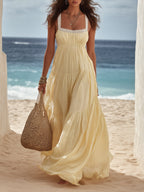 Resort Style Lace Trim Spaghetti Strap Tiered Ruffle Linen Blend Maxi Dress oaklynwear