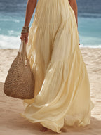 Resort Style Lace Trim Spaghetti Strap Tiered Ruffle Linen Blend Maxi Dress oaklynwear