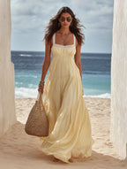 Resort Style Lace Trim Spaghetti Strap Tiered Ruffle Linen Blend Maxi Dress oaklynwear