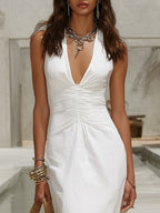 Resort Style Ruched Front Cross Back Linen Blend Maxi Dress oaklynwear