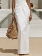 Resort Style Ruched Front Cross Back Linen Blend Maxi Dress oaklynwear