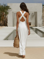 Resort Style Ruched Front Cross Back Linen Blend Maxi Dress oaklynwear
