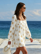 Resort-style Square Neck Lantern Sleeve Printed Mini Dress oaklynwear