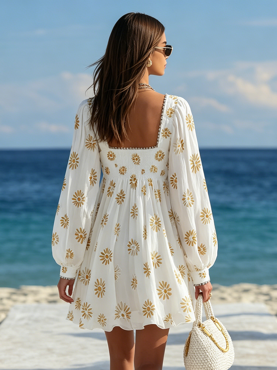 Resort-style Square Neck Lantern Sleeve Printed Mini Dress oaklynwear