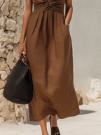 Vacation-Style V-Neck Sleeveless Ruched Cotton-Linen Midi Dress oaklynwear