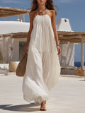Aegean Leisure Off White Halter Ruched Tiered Linen Blend Maxi Dress oaklynwear