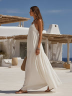 Aegean Leisure Off White Halter Ruched Tiered Linen Blend Maxi Dress oaklynwear