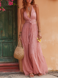 Romantic Bohemian Pink Lace V-Neck Maxi Dress oaklynwear