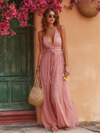 Romantic Bohemian Pink Lace V-Neck Maxi Dress oaklynwear