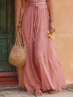 Romantic Bohemian Pink Lace V-Neck Maxi Dress oaklynwear