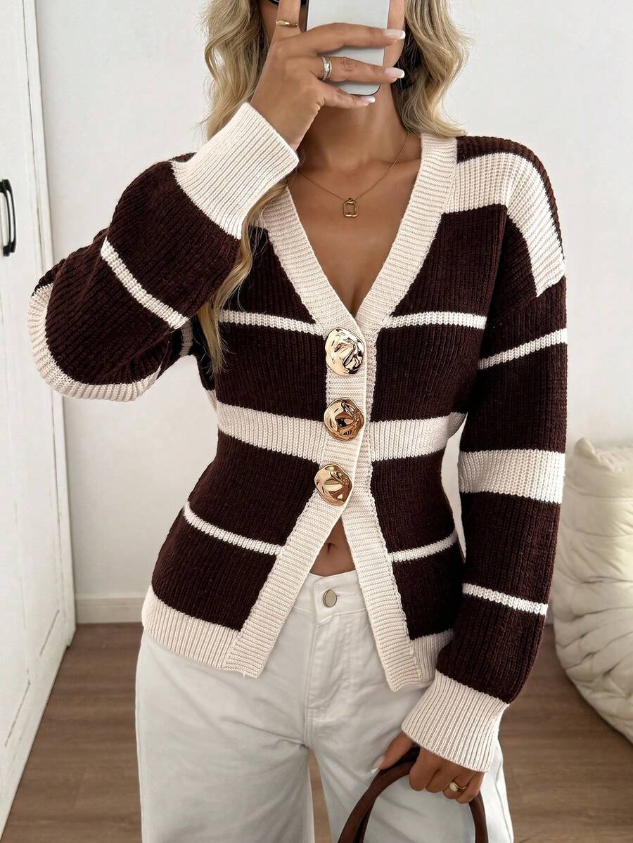 Easowa New Autumn Casual Dropped Shoulder Cinched Waist Elegant Cardigan For Women Metal Button Sweater Women's Winter Year Clothes Sweater,Cozy Fall And oaklynwear