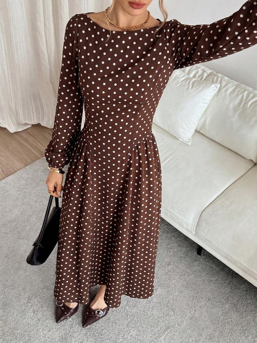 Siren Gaze Women's French Fashion Brown And White Polka Dot Pleated Long Sleeve Dress Dinner Date Brunch Tea Party Day Party Holiday Autumn Elegant 1960s Vintage oaklynwear