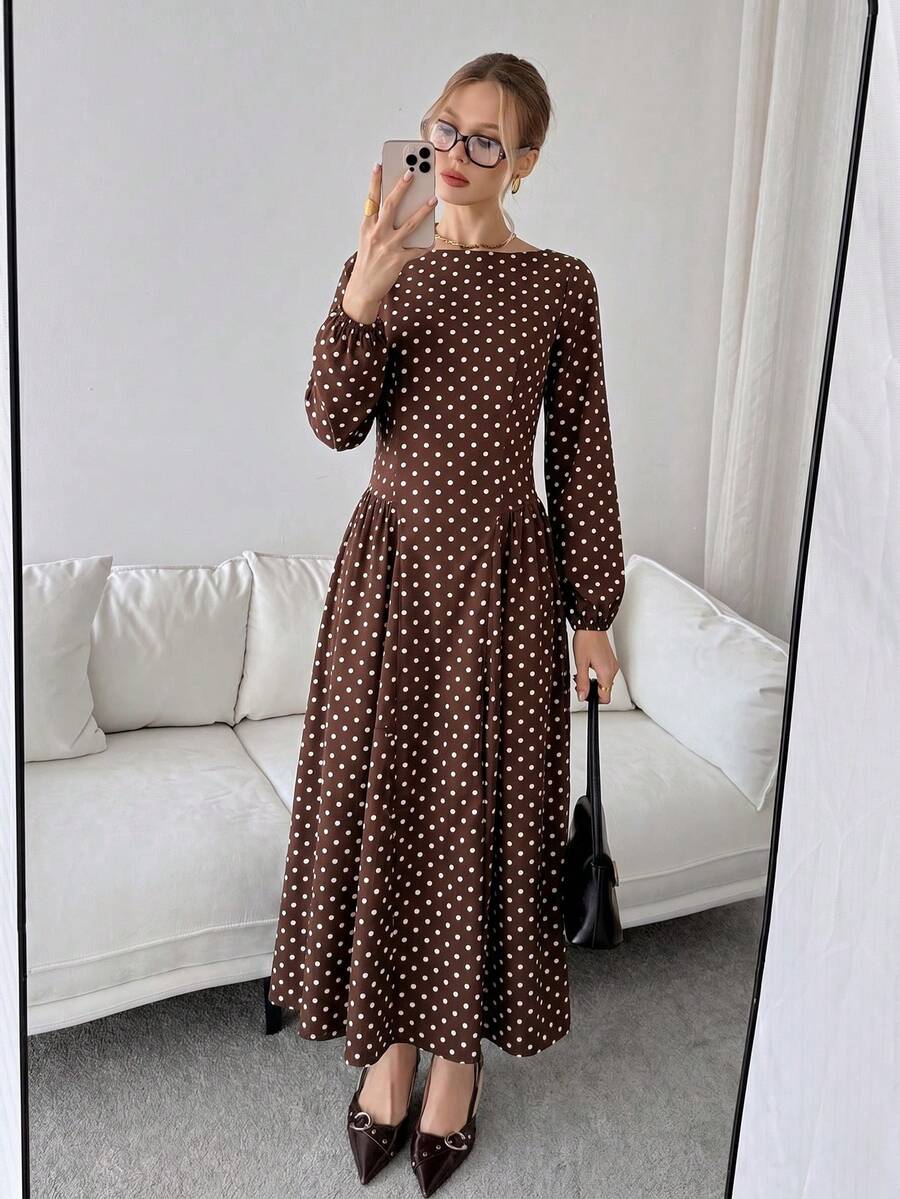 Siren Gaze Women's French Fashion Brown And White Polka Dot Pleated Long Sleeve Dress Dinner Date Brunch Tea Party Day Party Holiday Autumn Elegant 1960s Vintage oaklynwear
