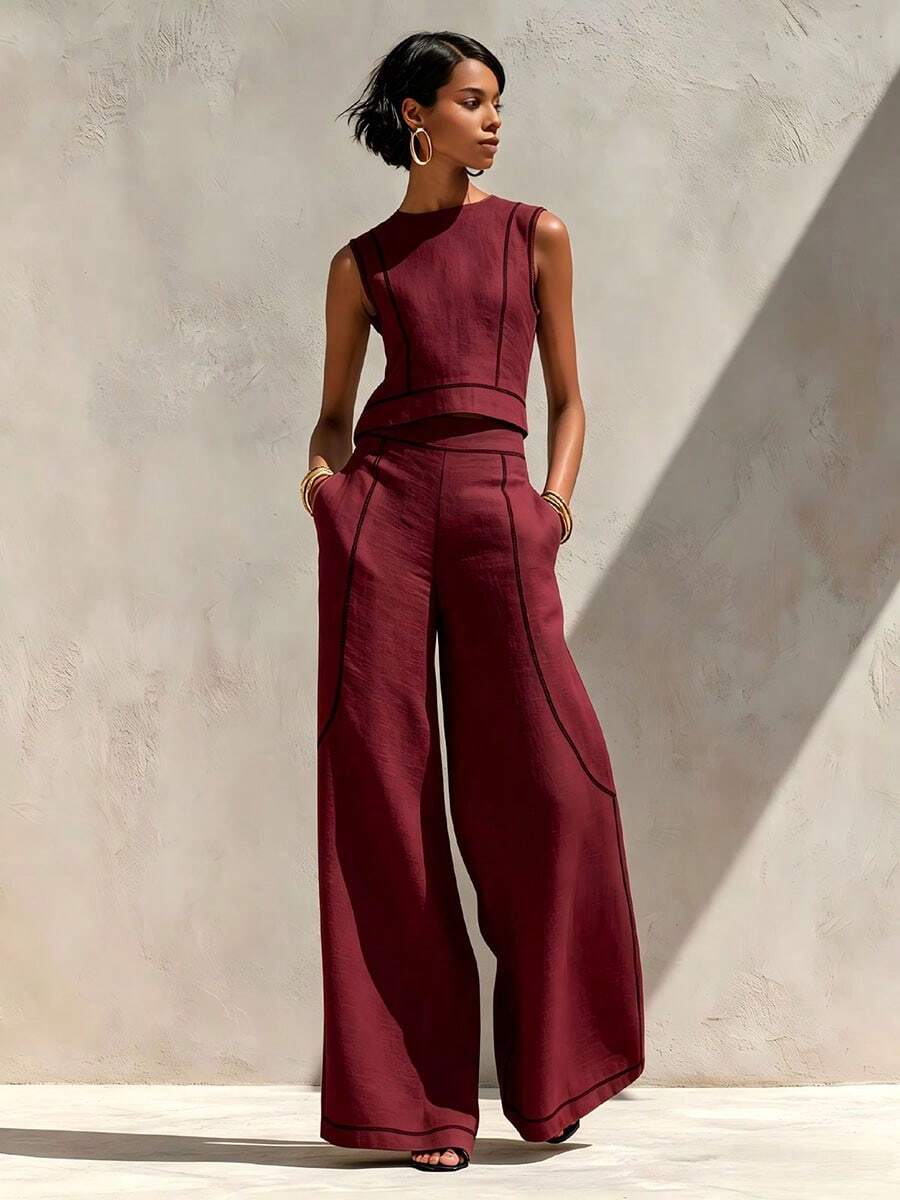 Summer 2026 New Linen Style Sleeveless Vest Top And Wide Leg Pants Set, Relaxed Fit Casual Vacation Outfit oaklynwear
