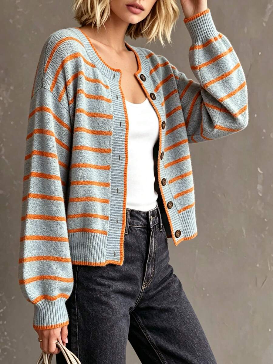 Rylee | Round Neck Striped Button Front Cardigan, Cozy Fall Winter Knit oaklynwear